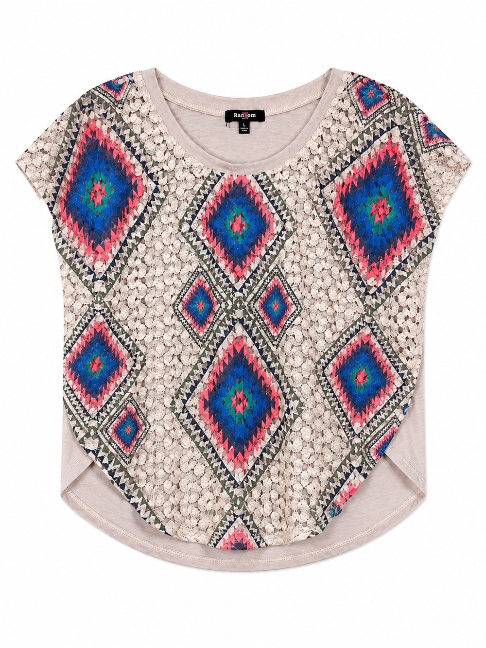 Ransom Crochet Lace Geometric Print Dolman Top Size L Boho Multicolor